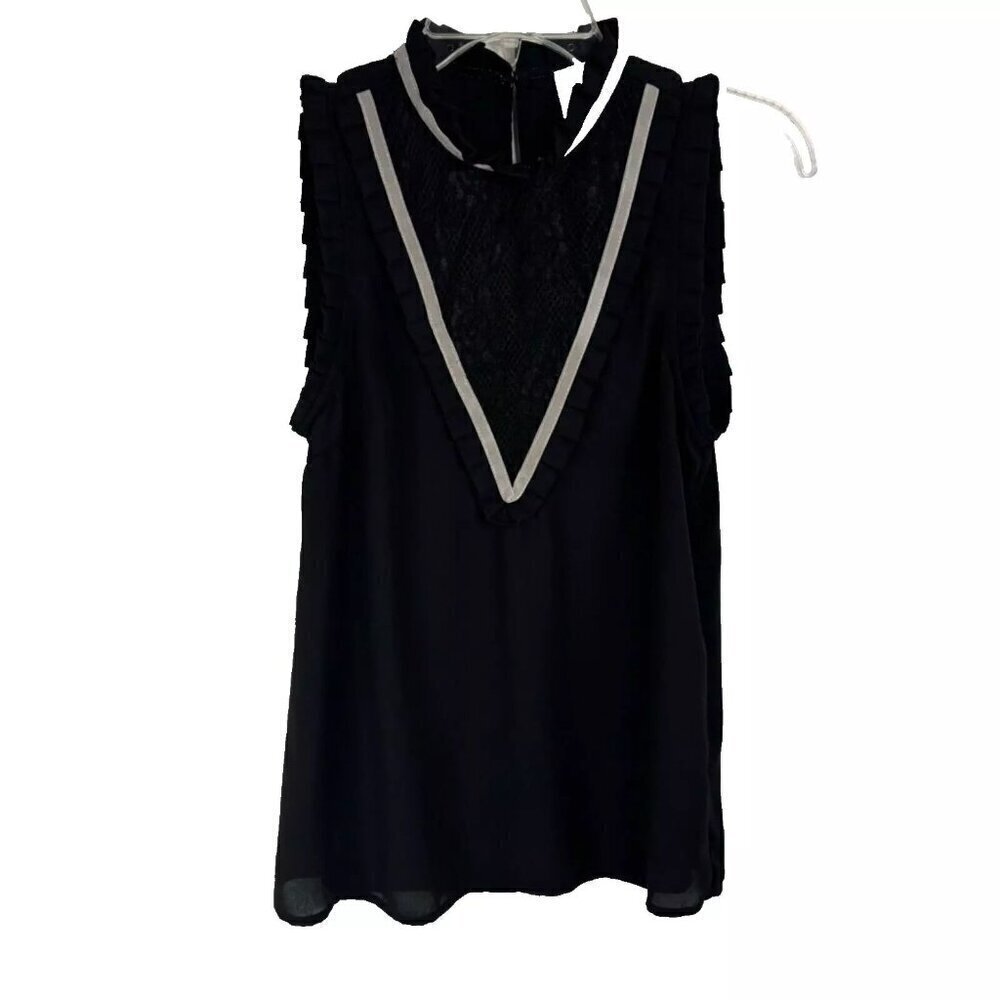 Moon Black Gray Sleeveless Blouse Lace Insert Semi Sheer Women's Size Small EUC
